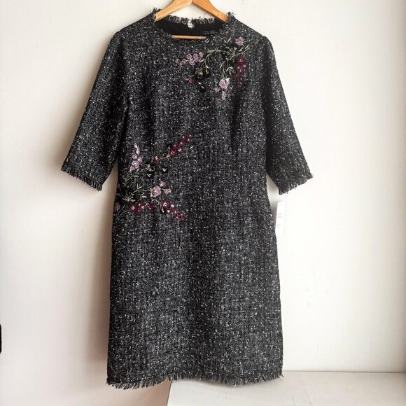 Teri John Saks Fifth Avenue Tweed Embroidered Sheath Dress 18 - Picture 4 of 9